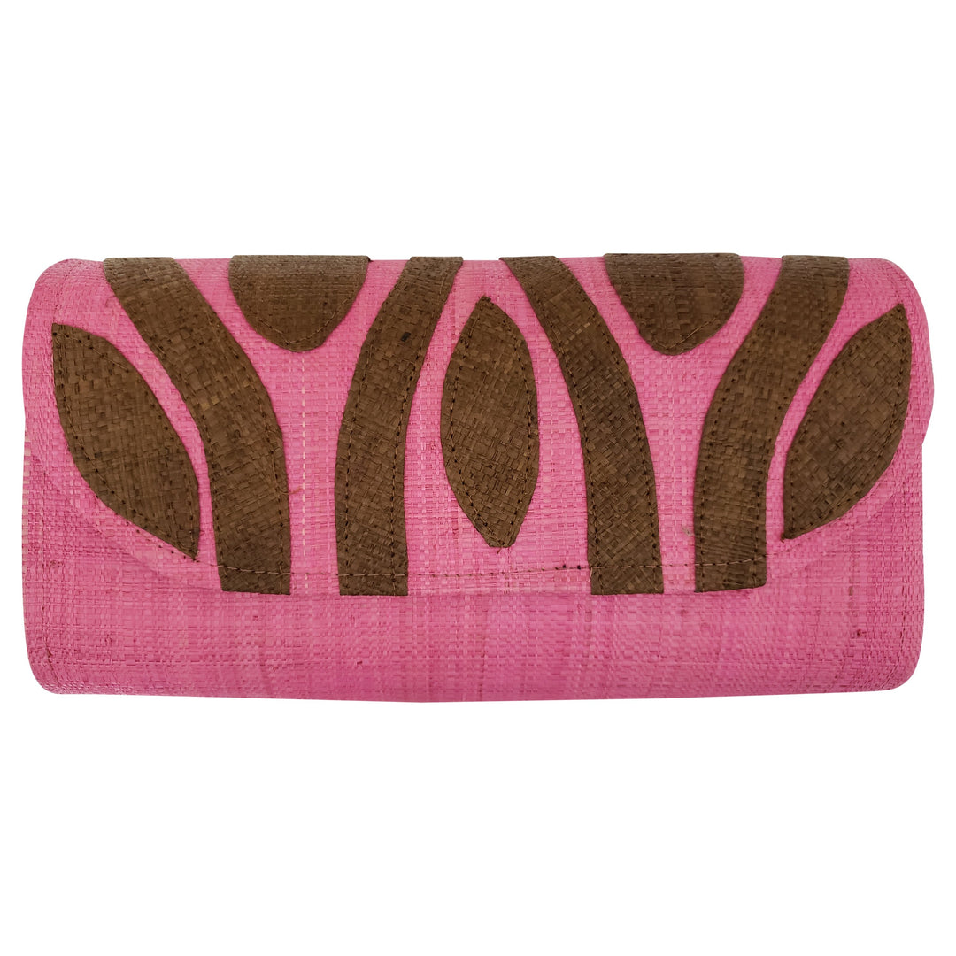 Authentic Handwoven Pink Madagascar Raffia Clutch with Brown Accents