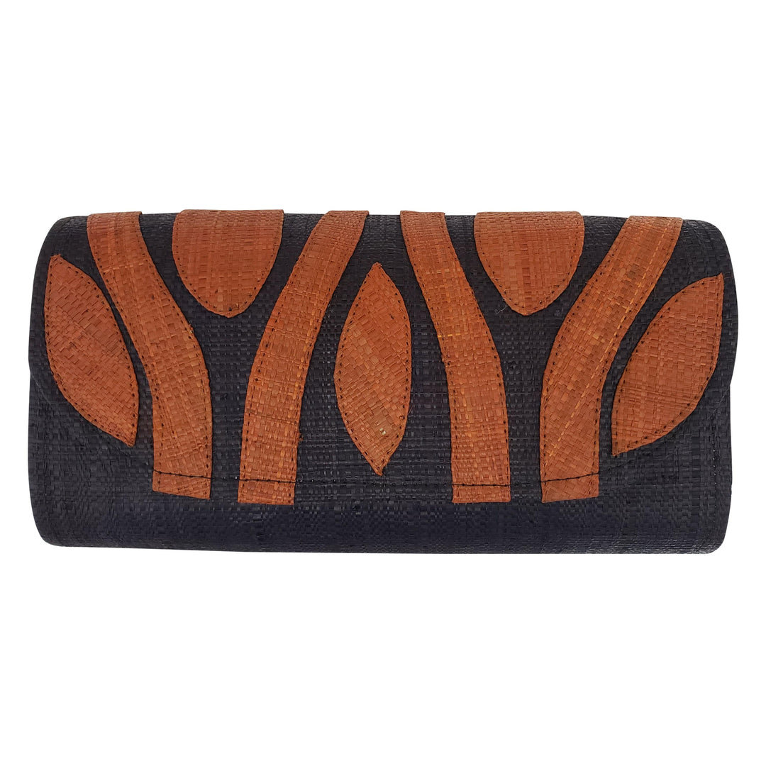 Authentic Handwoven Black Madagascar Raffia Clutch with Burnt Orange Accents