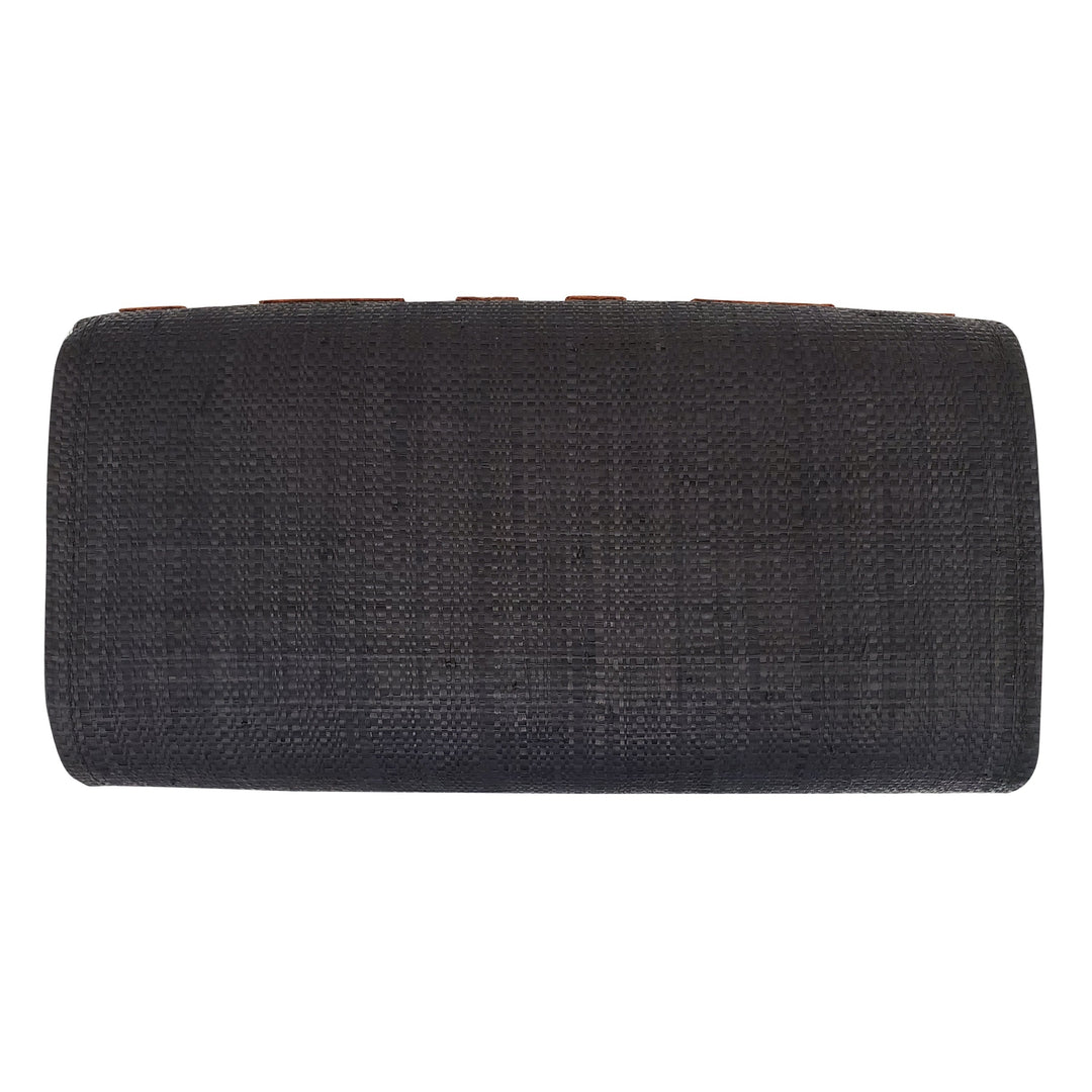 Authentic Handwoven Black Madagascar Raffia Clutch with Burnt Orange Accents