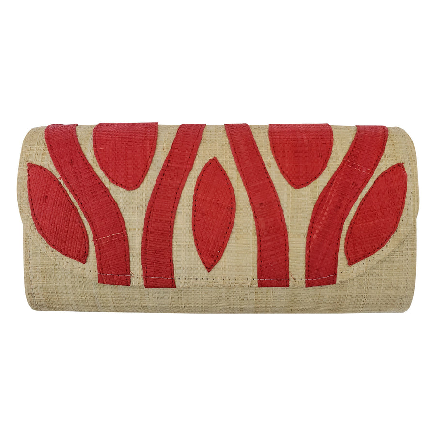 Authentic Handwoven Natural Madagascar Raffia Clutch with Red Accents