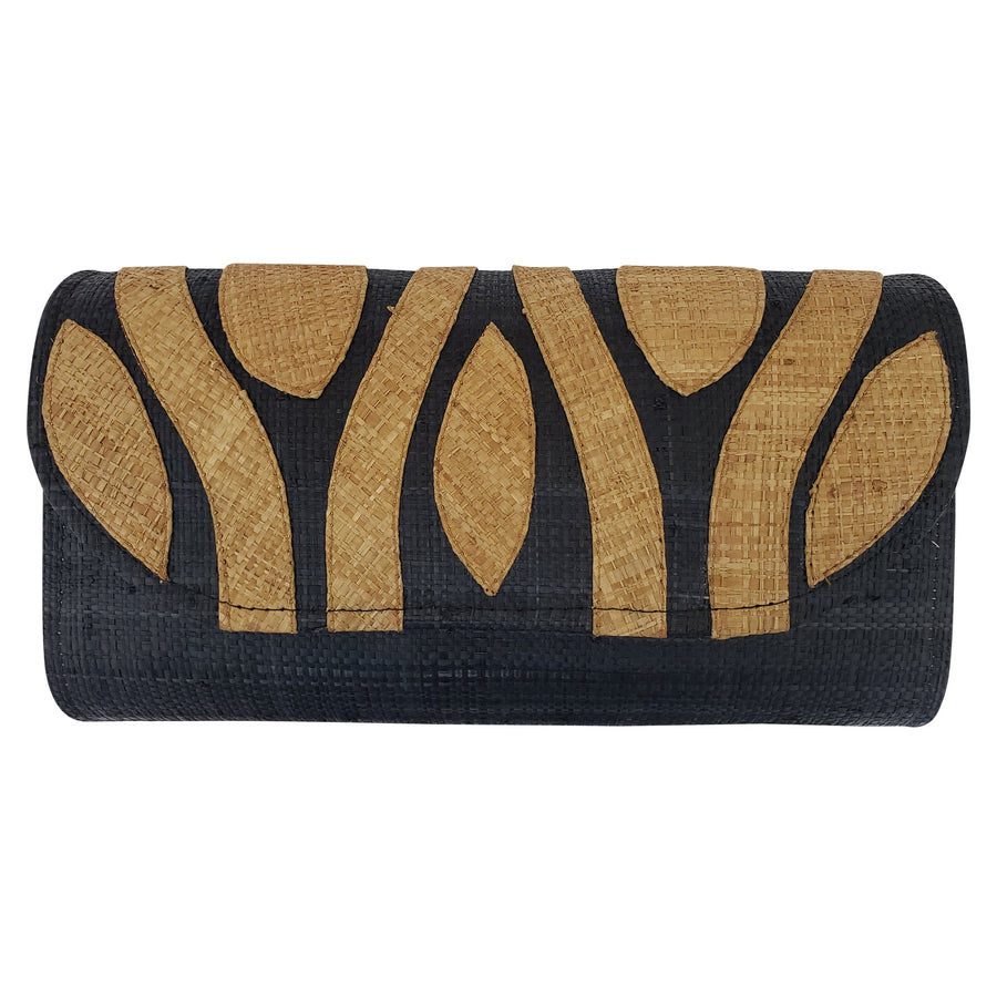 Authentic Handwoven Black Madagascar Raffia Clutch with Brown Accents