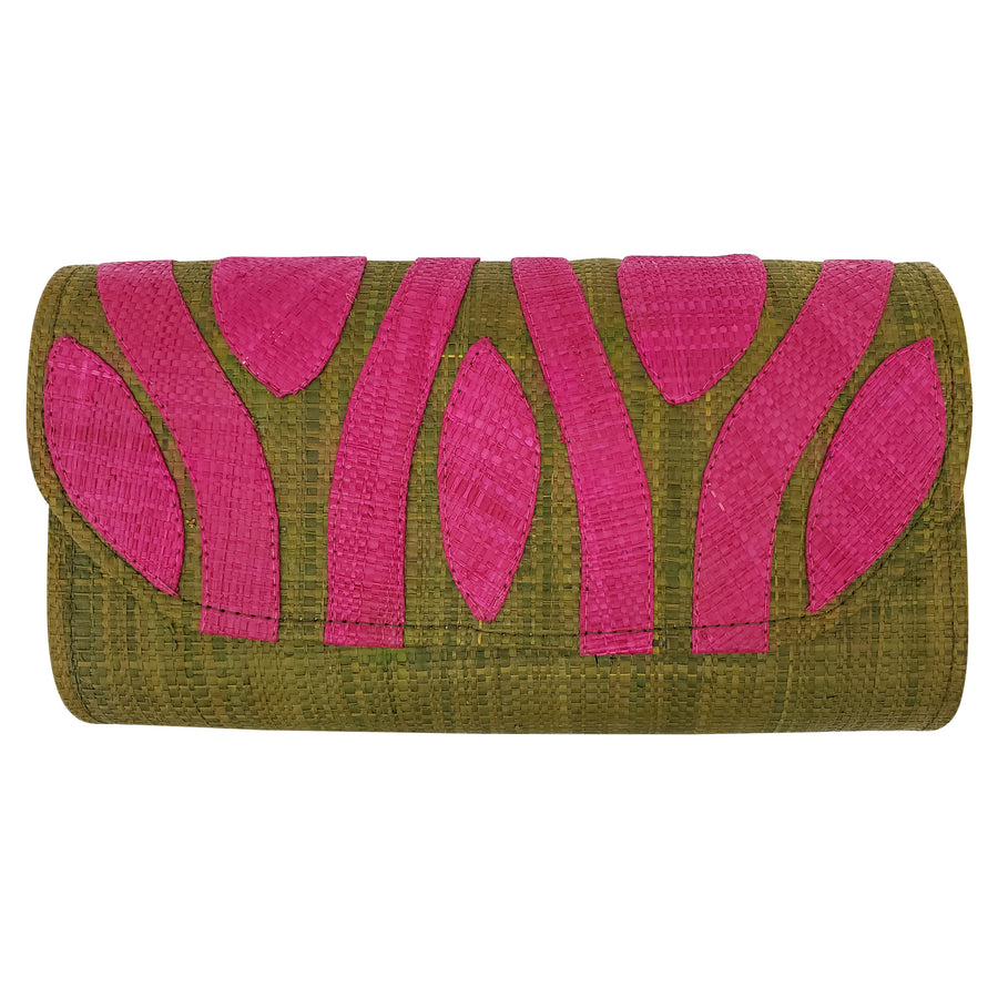 Authentic Handwoven Olive Green Madagascar Raffia Clutch with Fuchsia Accents
