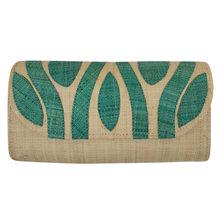 Authentic Handwoven Natural Madagascar Raffia Clutch with Teal Accents