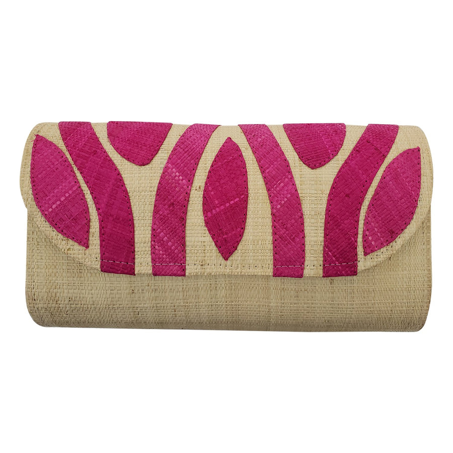 Authentic Authentic Handwoven Natural Madagascar Raffia Clutch with Fuchsia Accents