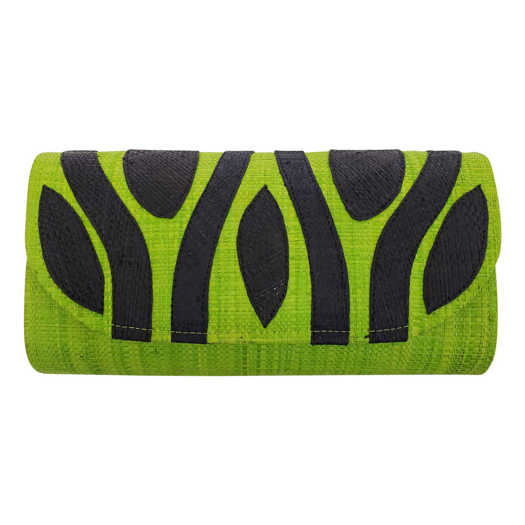 Authentic Handwoven Light Green Madagascar Raffia Clutch with Black Accents