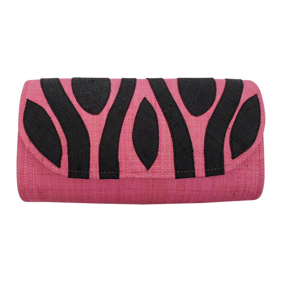 Authentic Handwoven Pink Madagascar Raffia Clutch with Black Accents