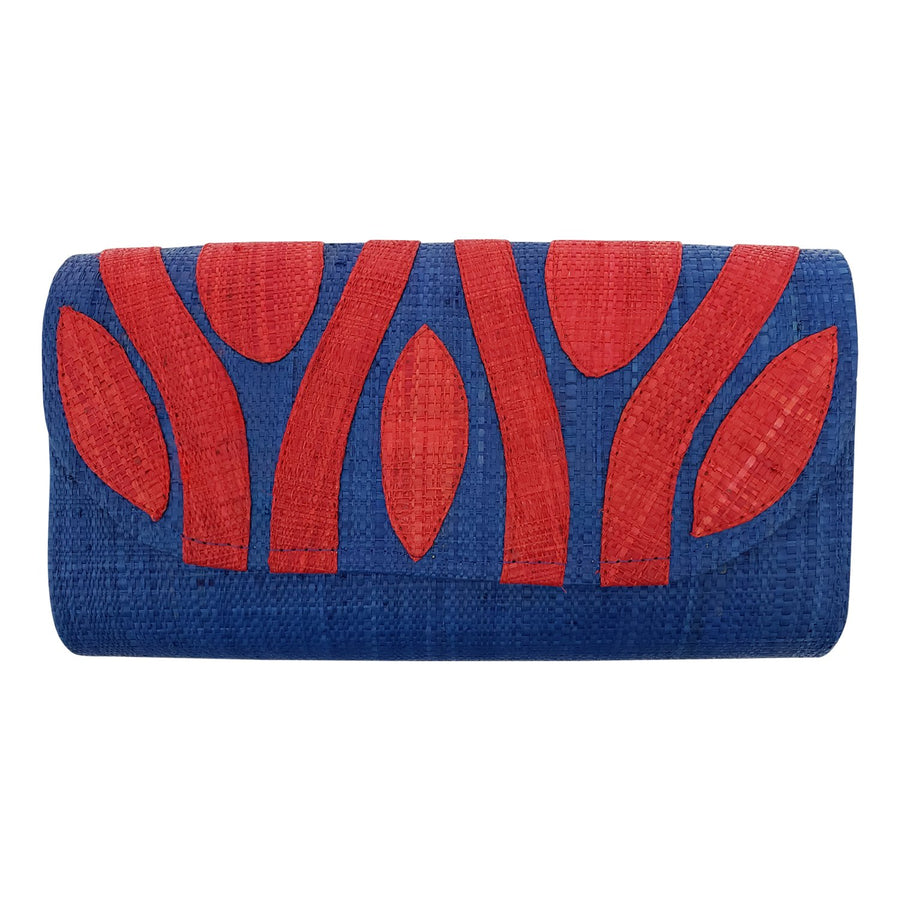 Authentic Handwoven Blue Madagascar Raffia Clutch with Red Accents