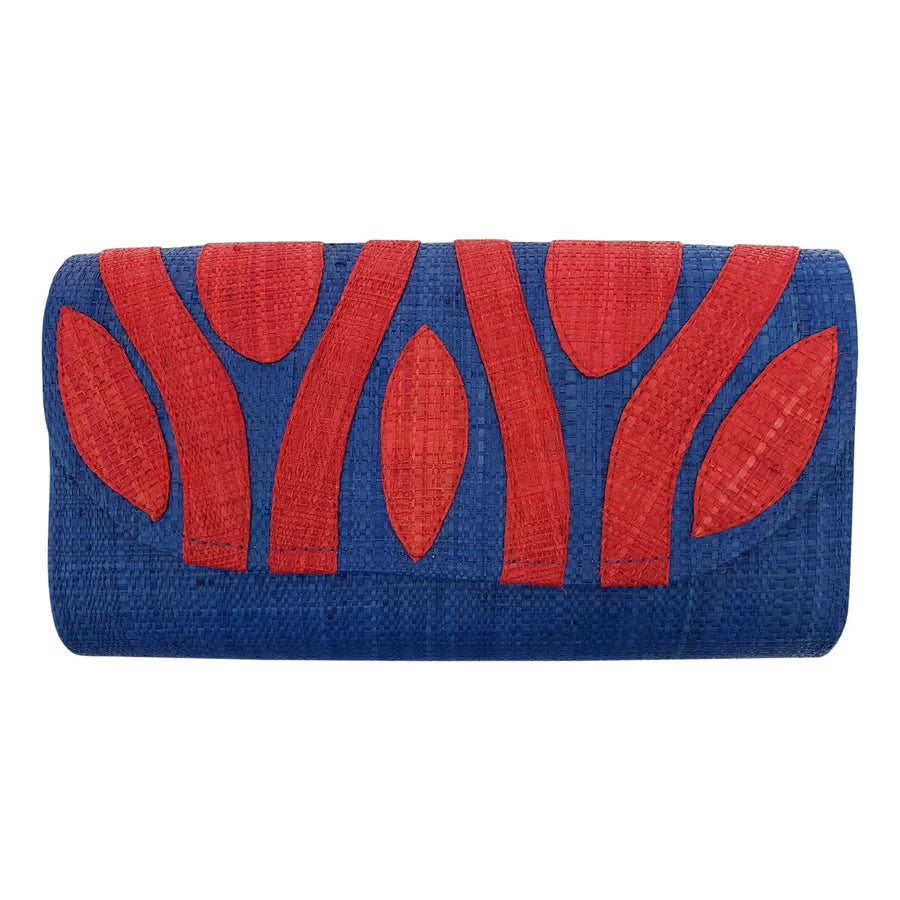 Authentic Handwoven Blue Madagascar Raffia Clutch with Red Accents