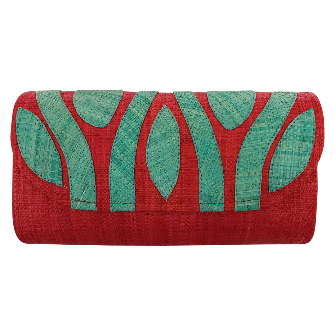Authentic Handwoven Red Madagascar Raffia Clutch with Light Blue Accents