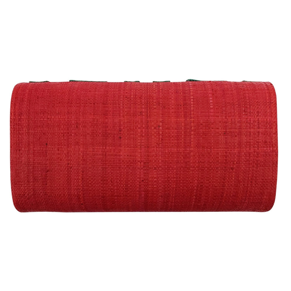 Authentic Handwoven Red Madagascar Raffia Clutch with Light Blue Accents