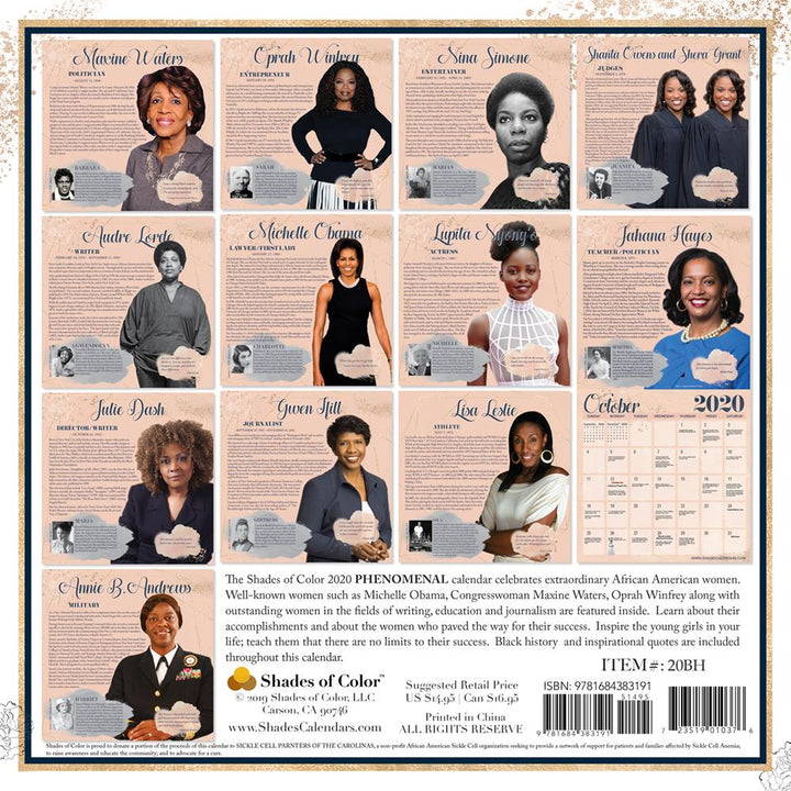 Phenomenal African American Women 2020 Calendar: Black History Wall Calendar (Rear)