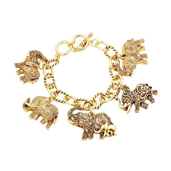 Antique Elephant Charm Bracelet with Toggle Clasp (Gold Tone)