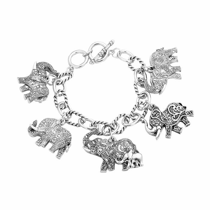 Antique Elephant Charm Bracelet with Toggle Clasp (Silver Tone)