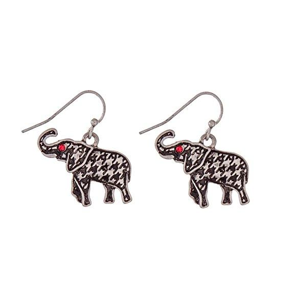 Houndstooth and Silver Elephant Fish Hook Earrings with Crimson Crystal Eyes (Delta Sigma Theta Inspired)