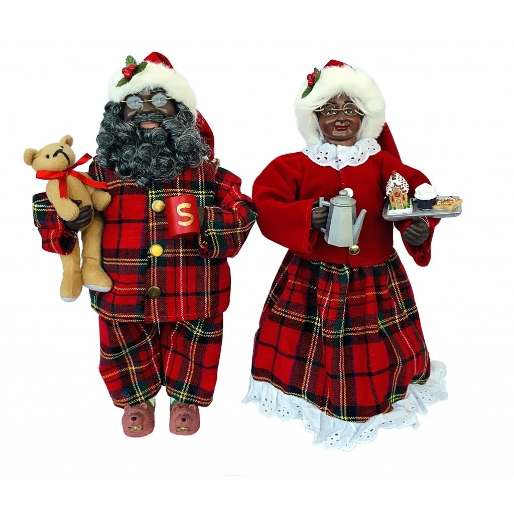 African American Mr. & Mrs. Pajama Santa Claus Figurine Set