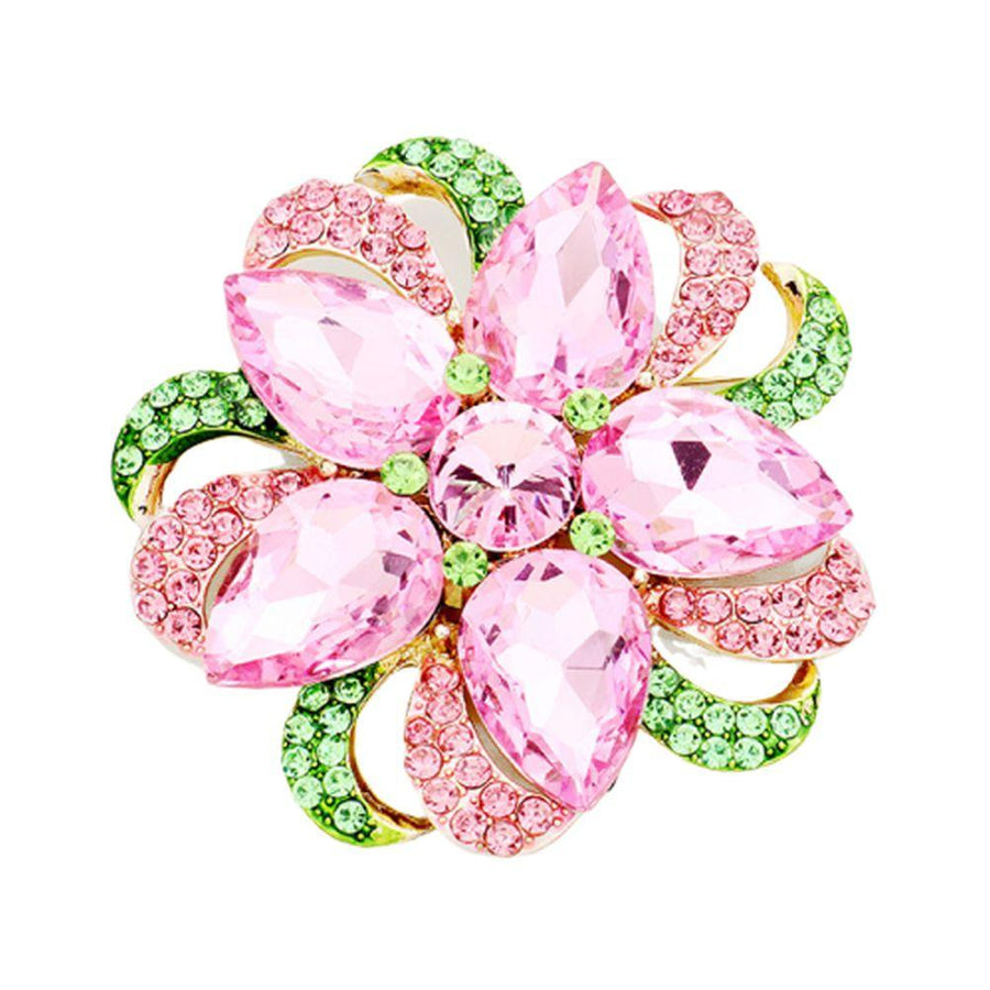 Alpha Kappa Alpha Inspired Pink Rose Pave Crystal Floral Brooch