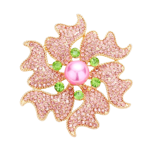 Alpha Kappa Alpha Inspired Pink and Green Flower Pave Rhinestone Brooch with Pink Faux Pearl