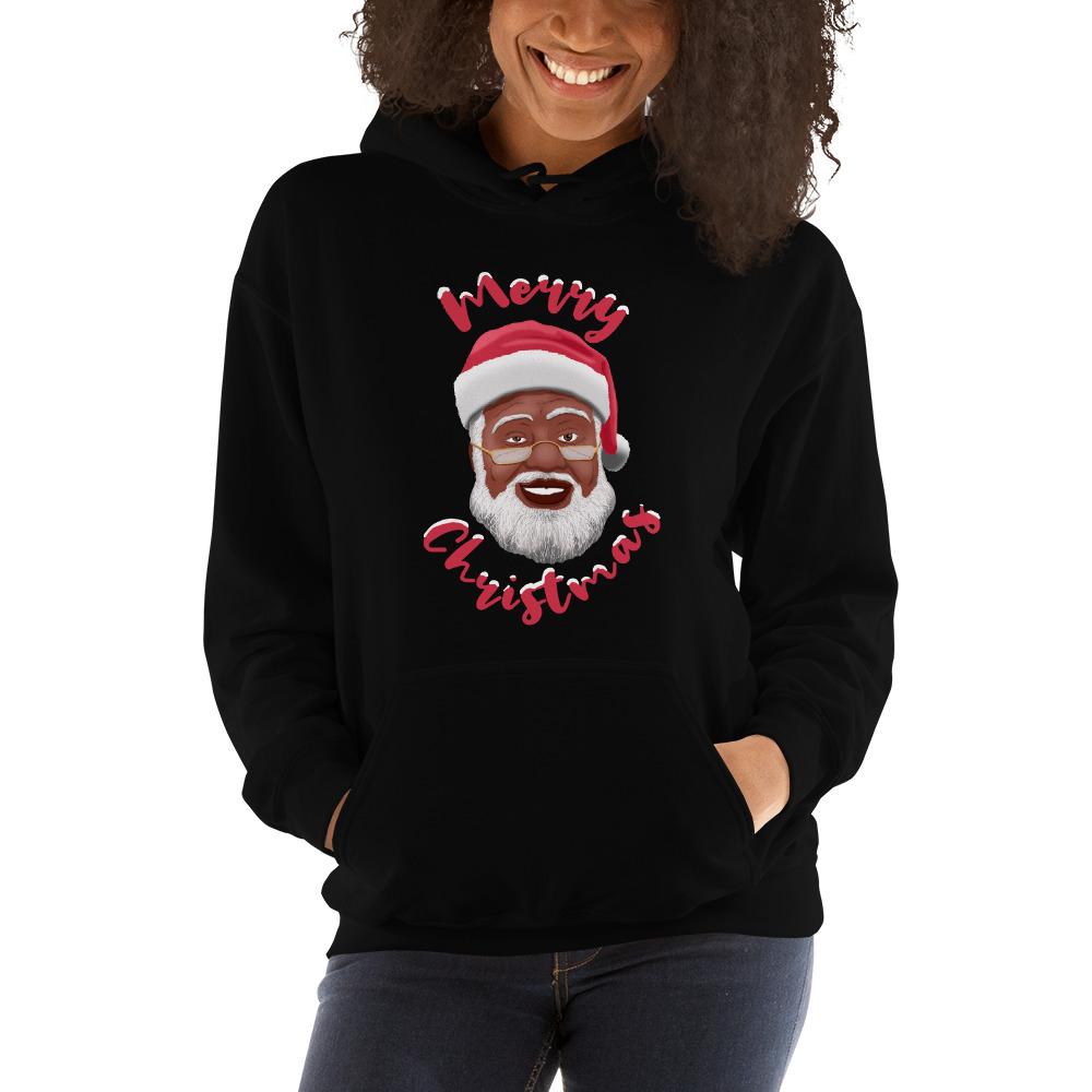 1 of 15: Merry Christmas (Black Santa Claus) Hooded Sweatshirt-Sweatshirt-Soulful Generations-Small-Black-The Black Art Depot