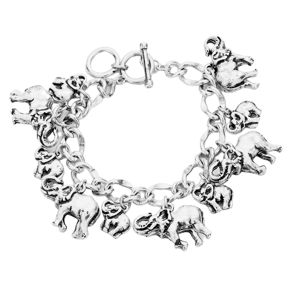 Burnished Silver Tone Elephant Charm Link Adjustable Toggle Bracelet