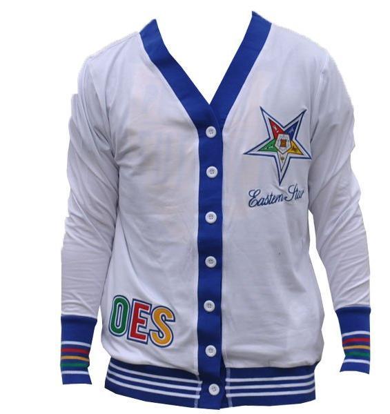 Order of the Eastern Star What and Blue Cardigan Sweater by Big Boy Headgear (Front)