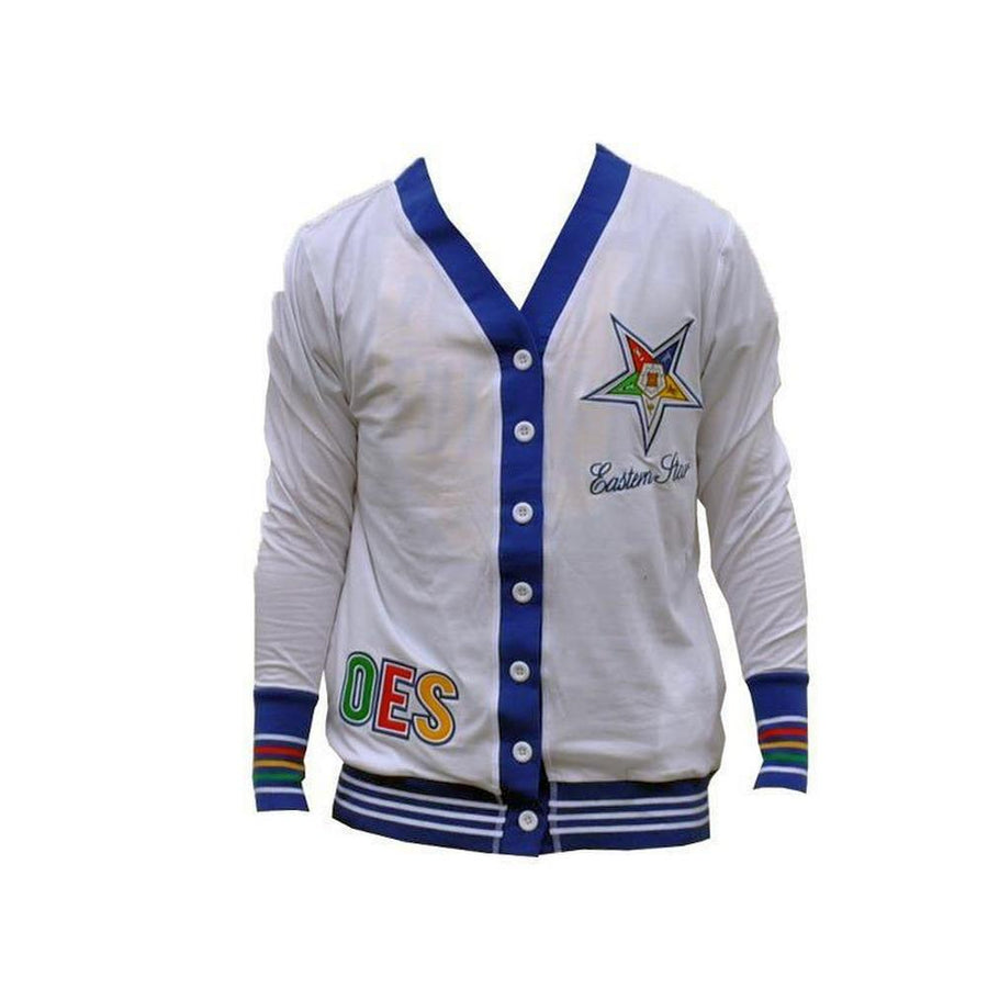 Order of the Eastern Star What and Blue Cardigan Sweater by Big Boy Headgear (Front)