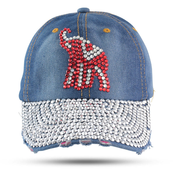 Crimson Elephant Distressed Denim Rhinestone Bling Baseball  display picture 2