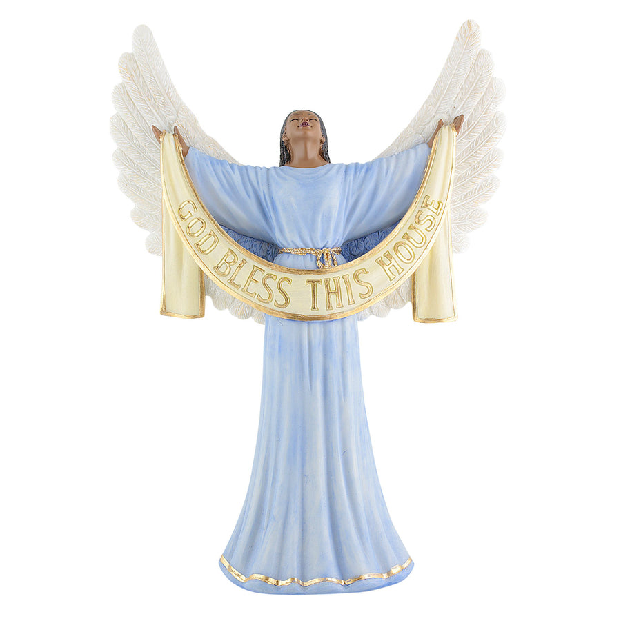 God Bless This House (Blue): African American Angelic Figurine