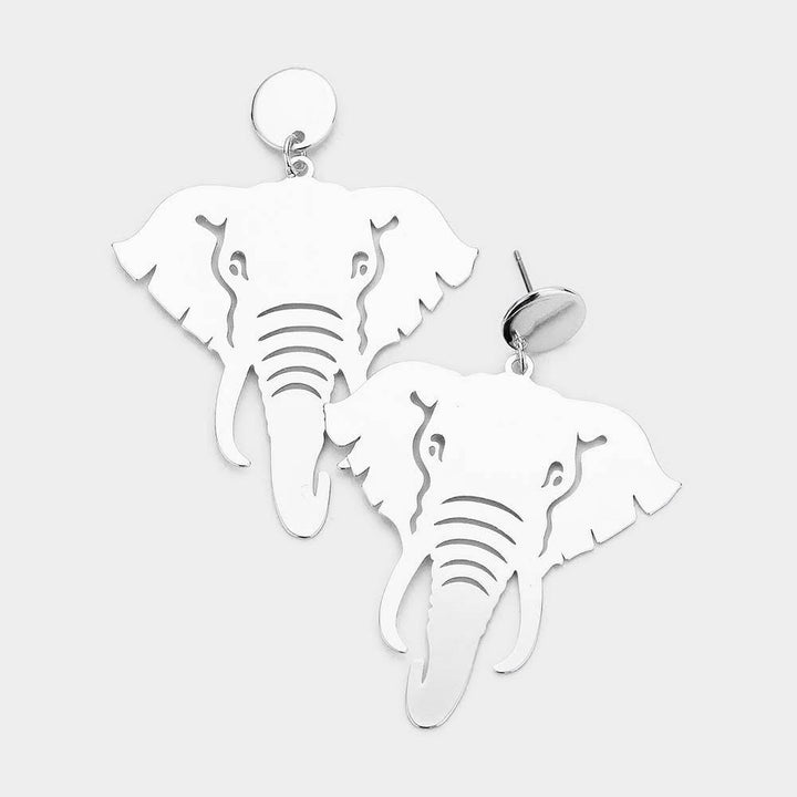 Cut Out Metal Elephant Drop/Dangle Earrings (Silver Tone)