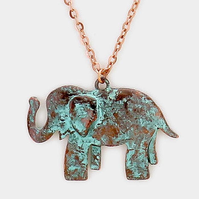 Patina Verdigris Long Elephant Pendant Necklace by Elephant Boutique