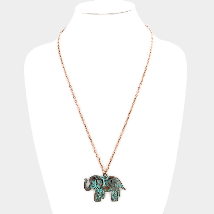 Patina Verdigris Long Elephant Pendant Necklace by Elephant Boutique