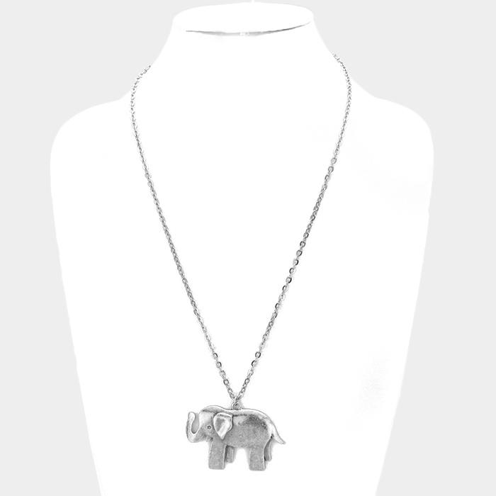 Burnished Silver Tone Long Elephant Pendant Necklace by Elephant Boutique
