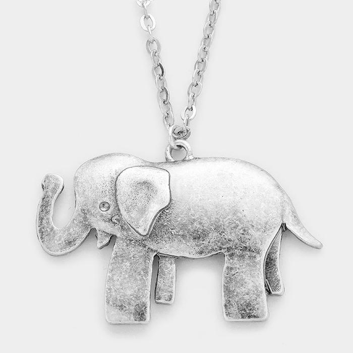 Burnished Silver Tone Long Elephant Pendant Necklace by Elephant Boutique