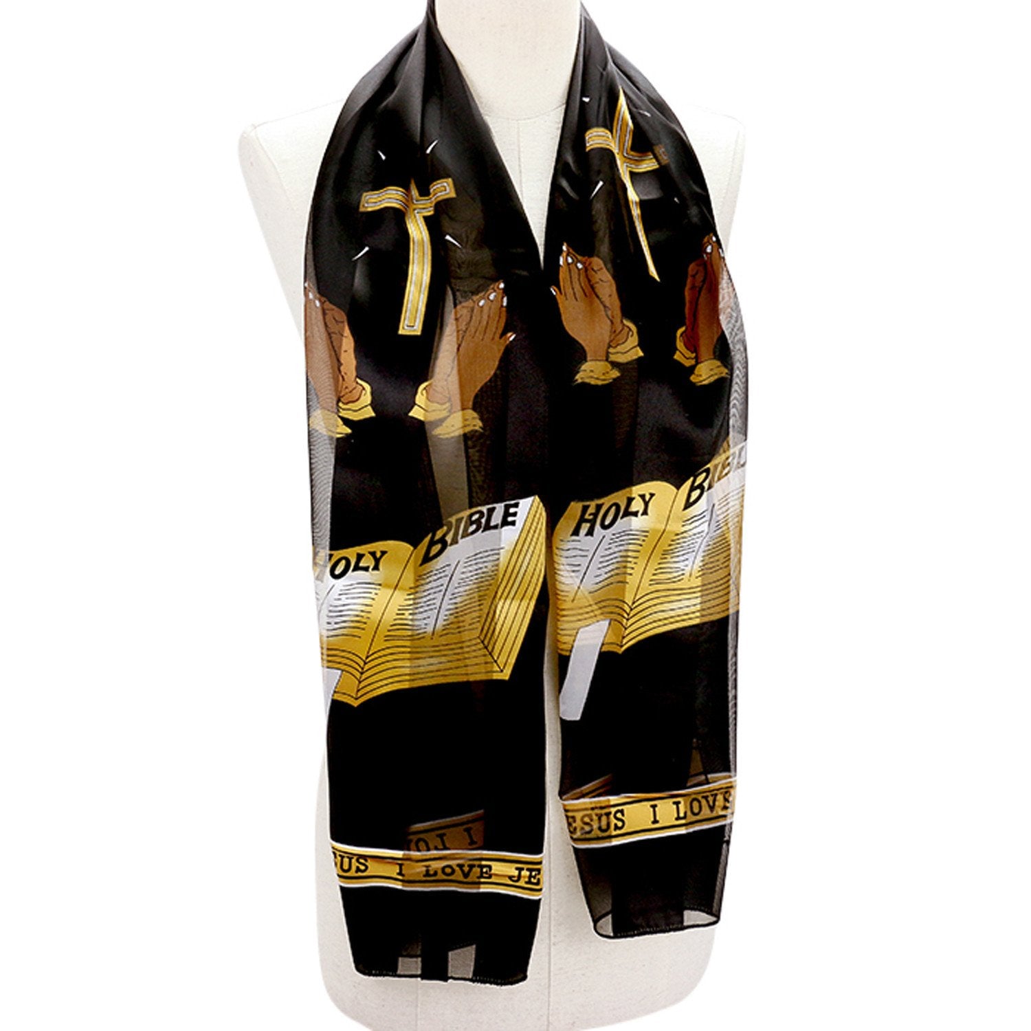 1 of 6: I Love Jesus (Holy Bible and Praying Hands) Faux Silk Christian Scarf (Black)