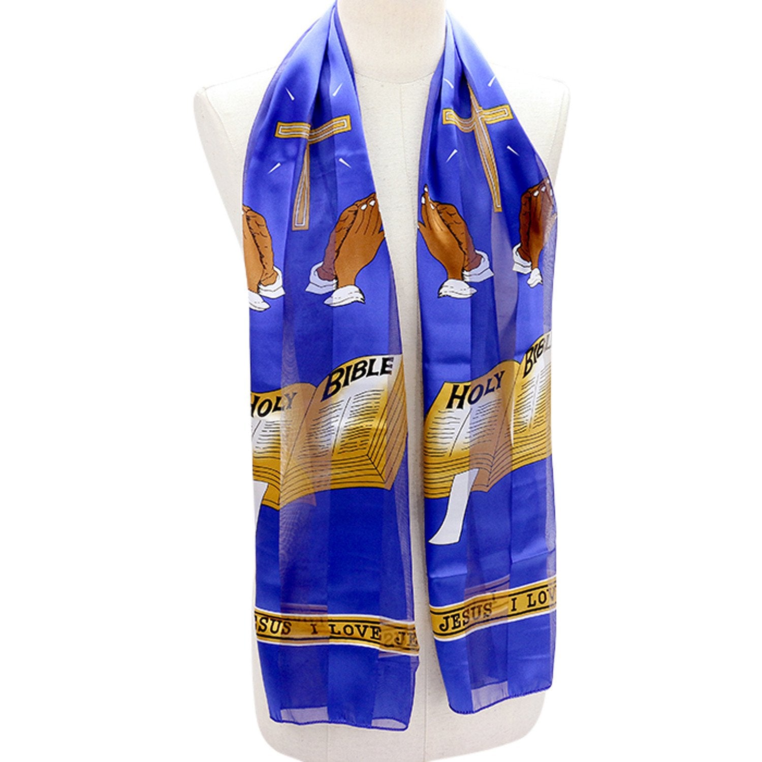 2 of 6: I Love Jesus (Holy Bible and Praying Hands) Faux Silk Christian Scarf (Blue)