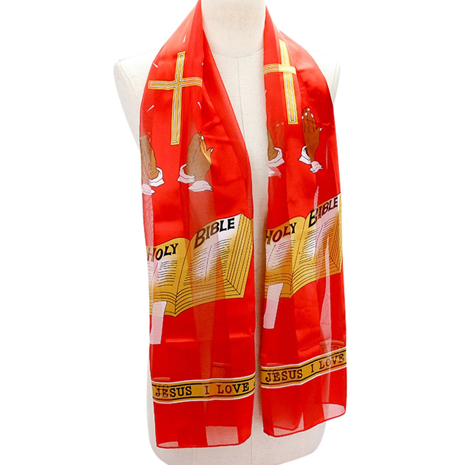 5 of 6: I Love Jesus (Holy Bible and Praying Hands) Faux Silk Christian Scarf (Red)