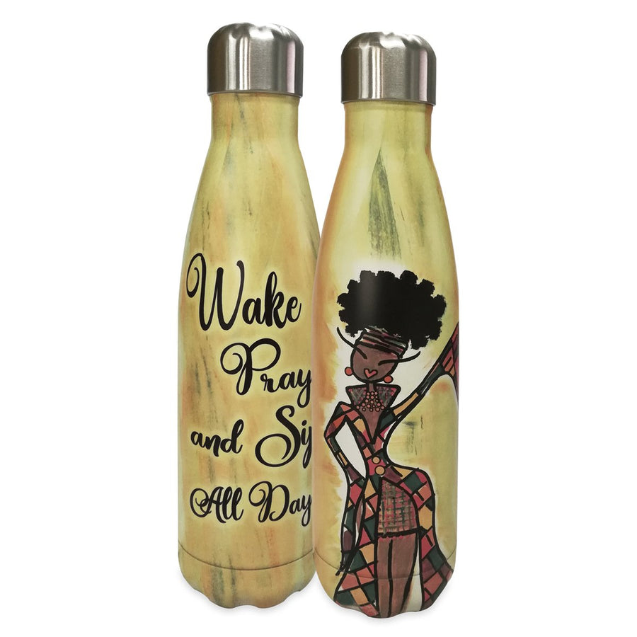 Wake, Pray & Sip All Day: African American Stainless Steel Bottle by Kiwi McDowell