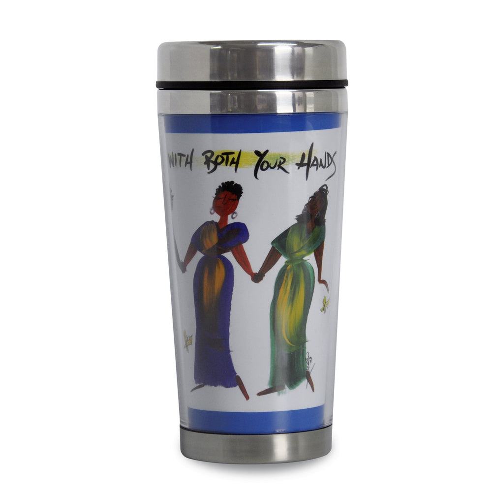 Hold a Friend With Both Your Hands: African American Travel Mug by Cidne Wallace (Back)