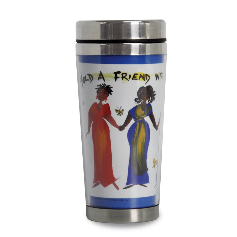 Hold a Friend With Both Your Hands: African American Travel Mug by Cidne Wallace (Front)