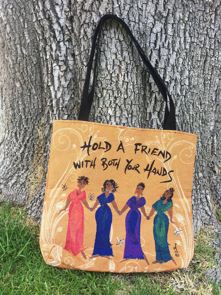 Hold a Friend With Both Your Hands: African American Tapestry Tote Bag by Cidne Wallace