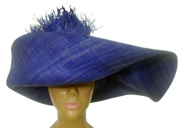 Wairimu: Hand Woven Madagascar Purple/Blue Big Brim Raffia Crown Out Sun Hat