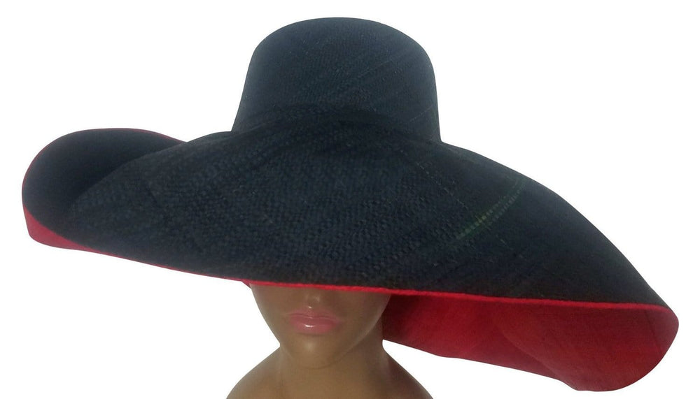 Xolani: Authentic Hand Woven Black and Red Madagascar Big Brim Raffia Sun Hat