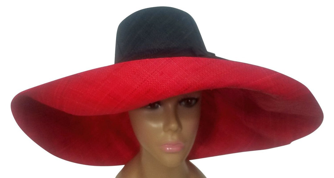 Xolani: Authentic Hand Woven Black and Red Madagascar Big Brim Raffia Sun Hat