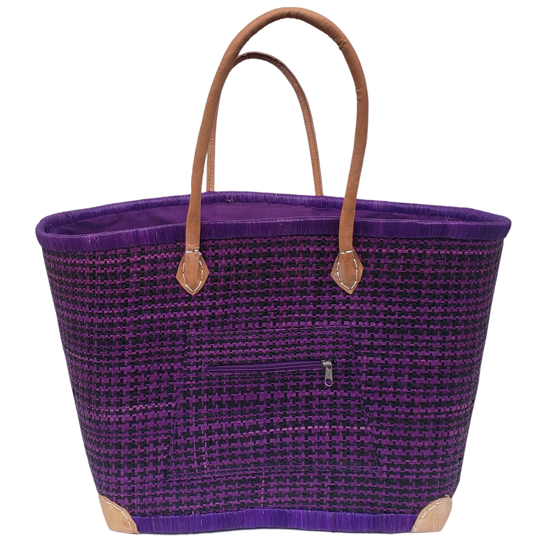 1 of 59: Adjanie: Authentic Madagascar Raffia and Leather Tote Bag (Purple and Black)