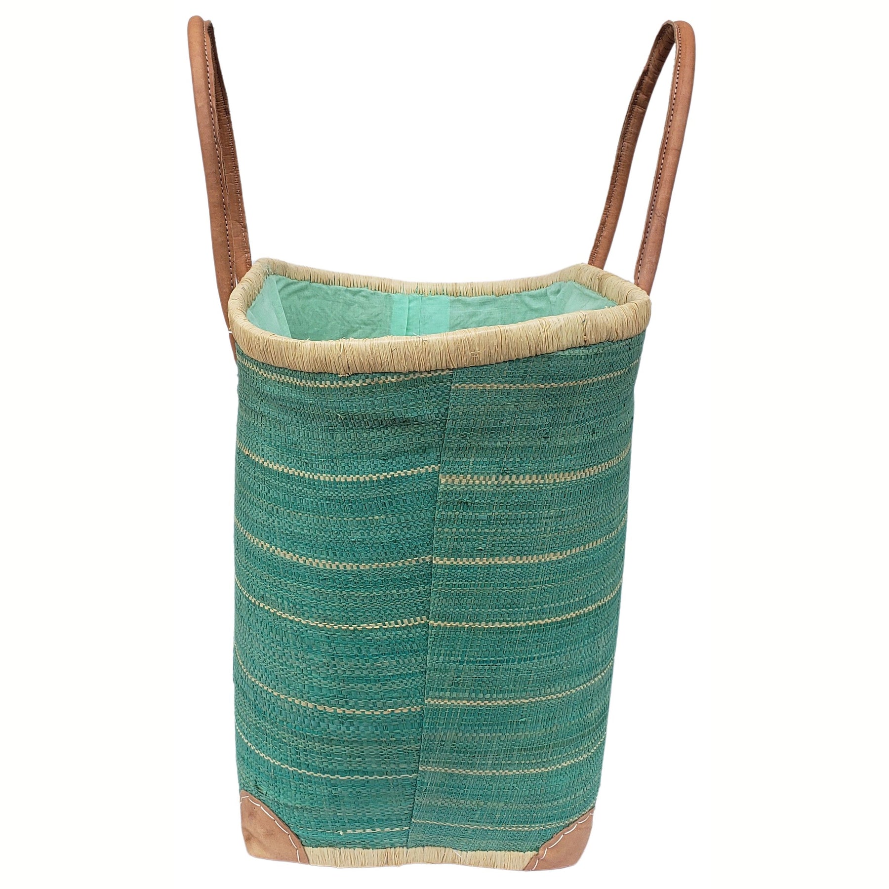 8 of 59: Adjanie: Authentic Madagascar Raffia and Leather Tote Bag (Teal)