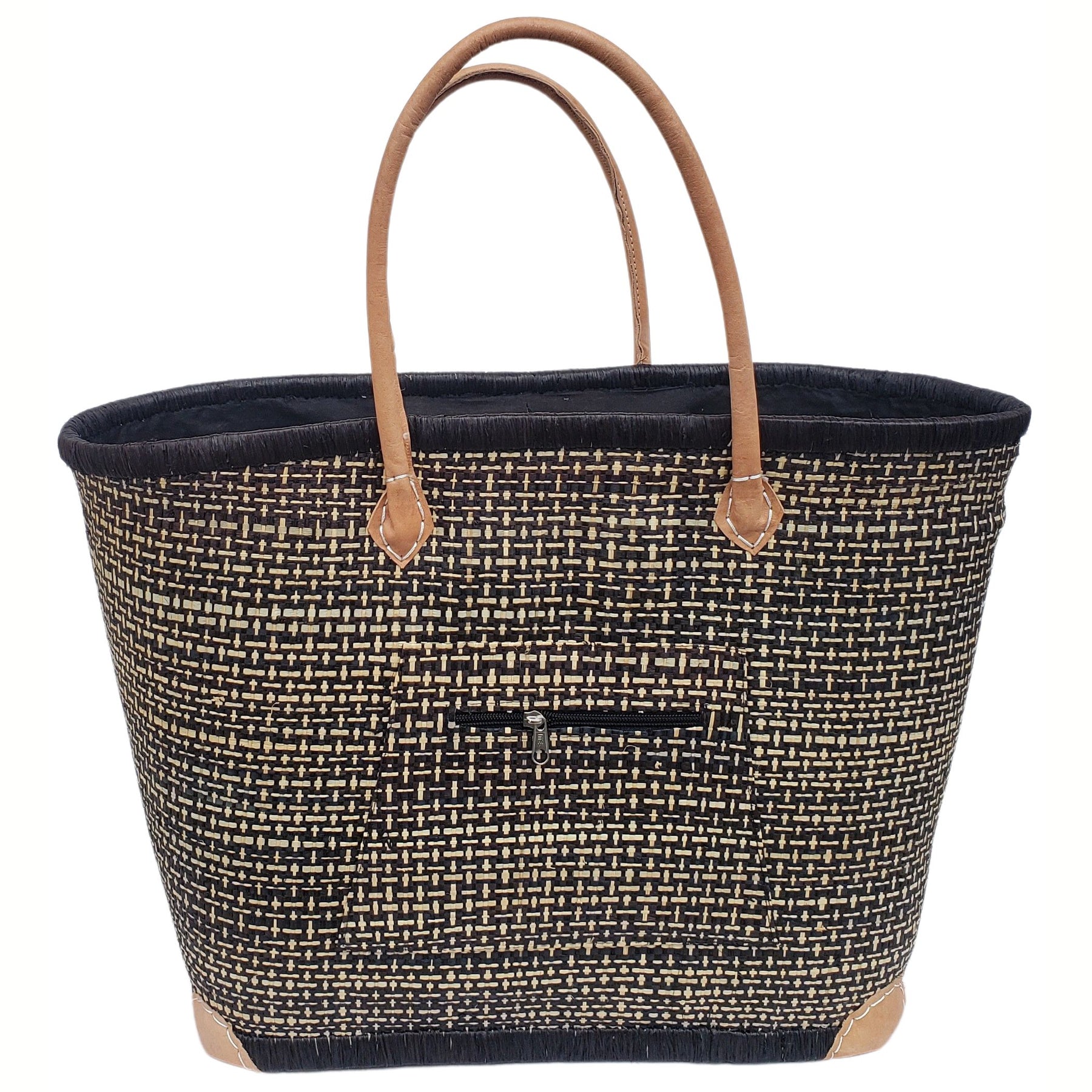 23 of 59: Adjanie: Authentic Madagascar Raffia and Leather Tote Bag (Black and Natural)