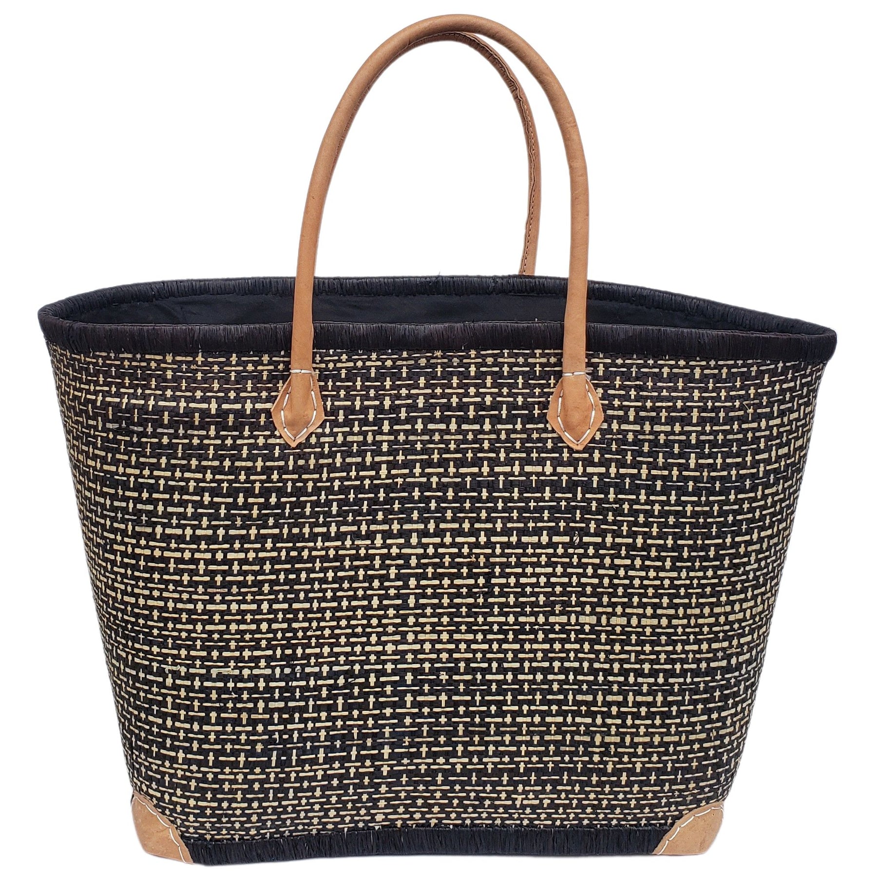 25 of 59: Adjanie: Authentic Madagascar Raffia and Leather Tote Bag (Black and Natural)