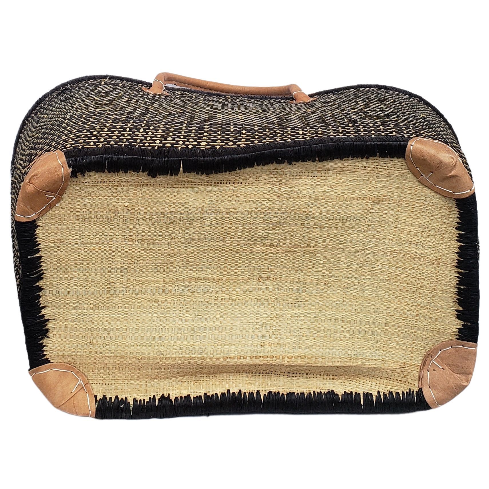 26 of 59: Adjanie: Authentic Madagascar Raffia and Leather Tote Bag (Black and Natural)