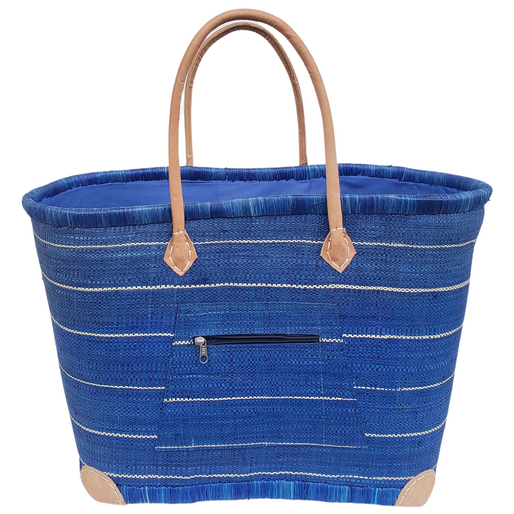 34 of 59: Adjanie: Authentic Madagascar Raffia and Leather Tote Bag (Blue Stripe)