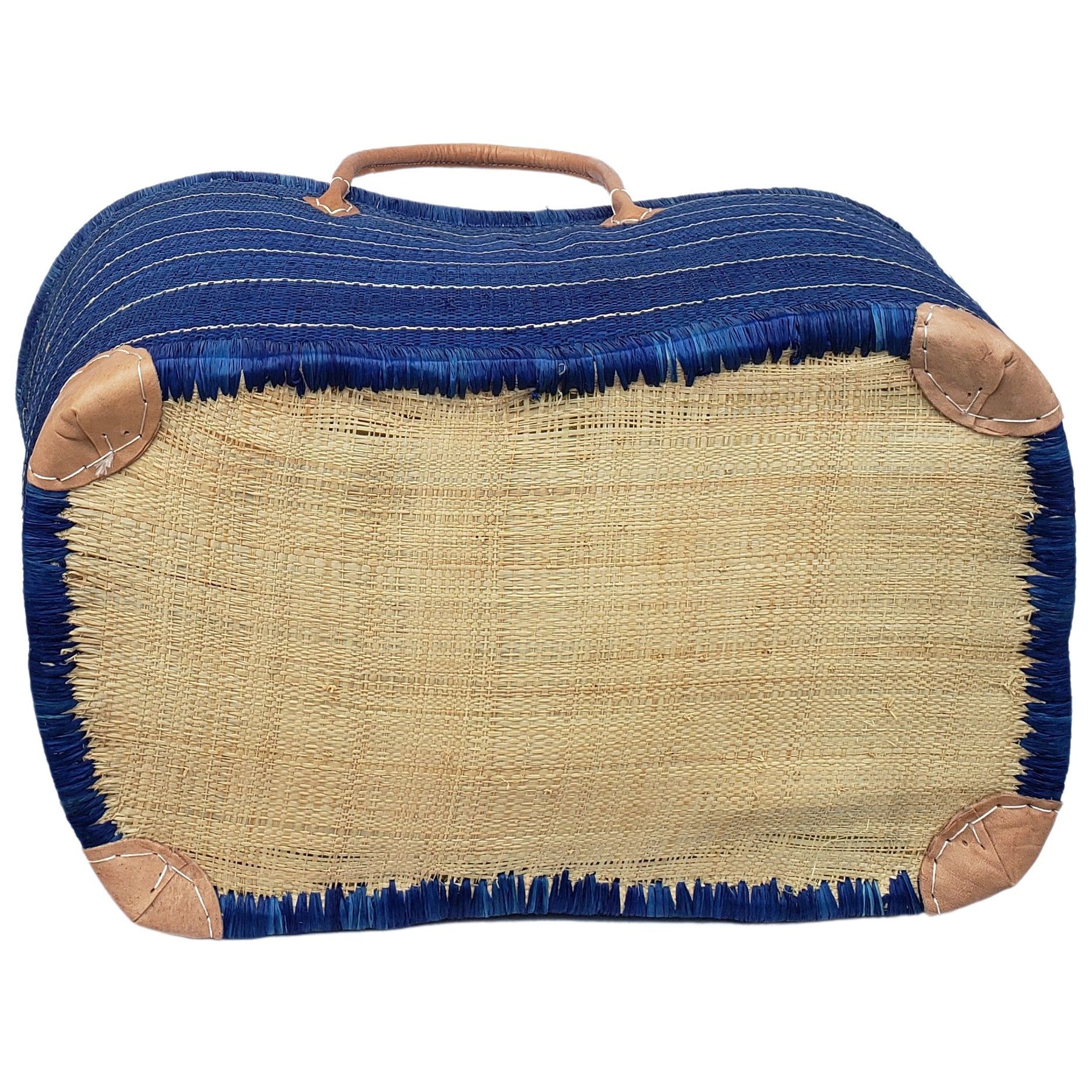 36 of 59: Adjanie: Authentic Madagascar Raffia and Leather Tote Bag (Blue Stripe)