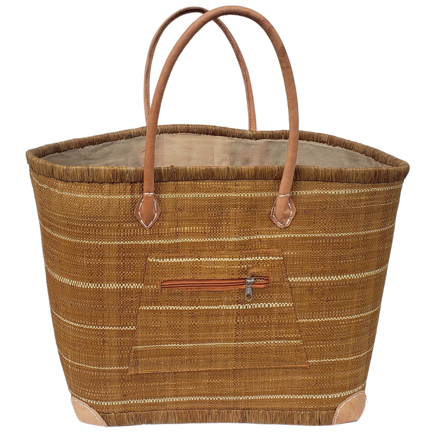 39 of 59: Adjanie: Authentic Madagascar Raffia and Leather Tote Bag (Brown Stripe)